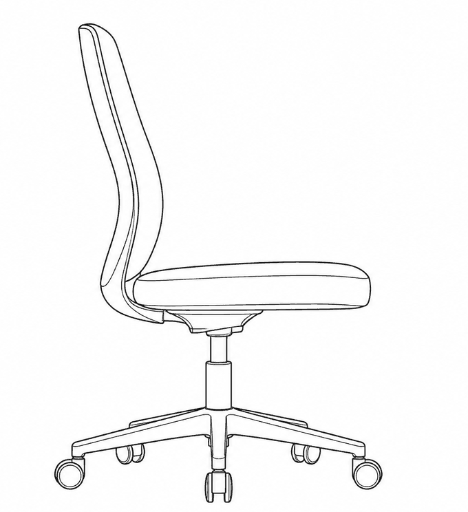 Desenho de uma cadeira de escritório vista de lado, sem apoio de cabeça e sem braço